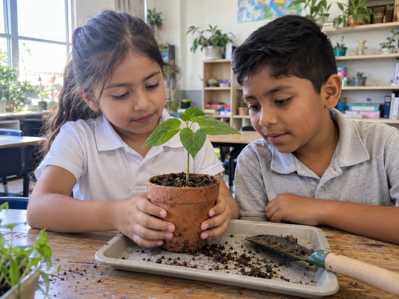 Alumnos de primaria siembran una planta en el huerto escolar