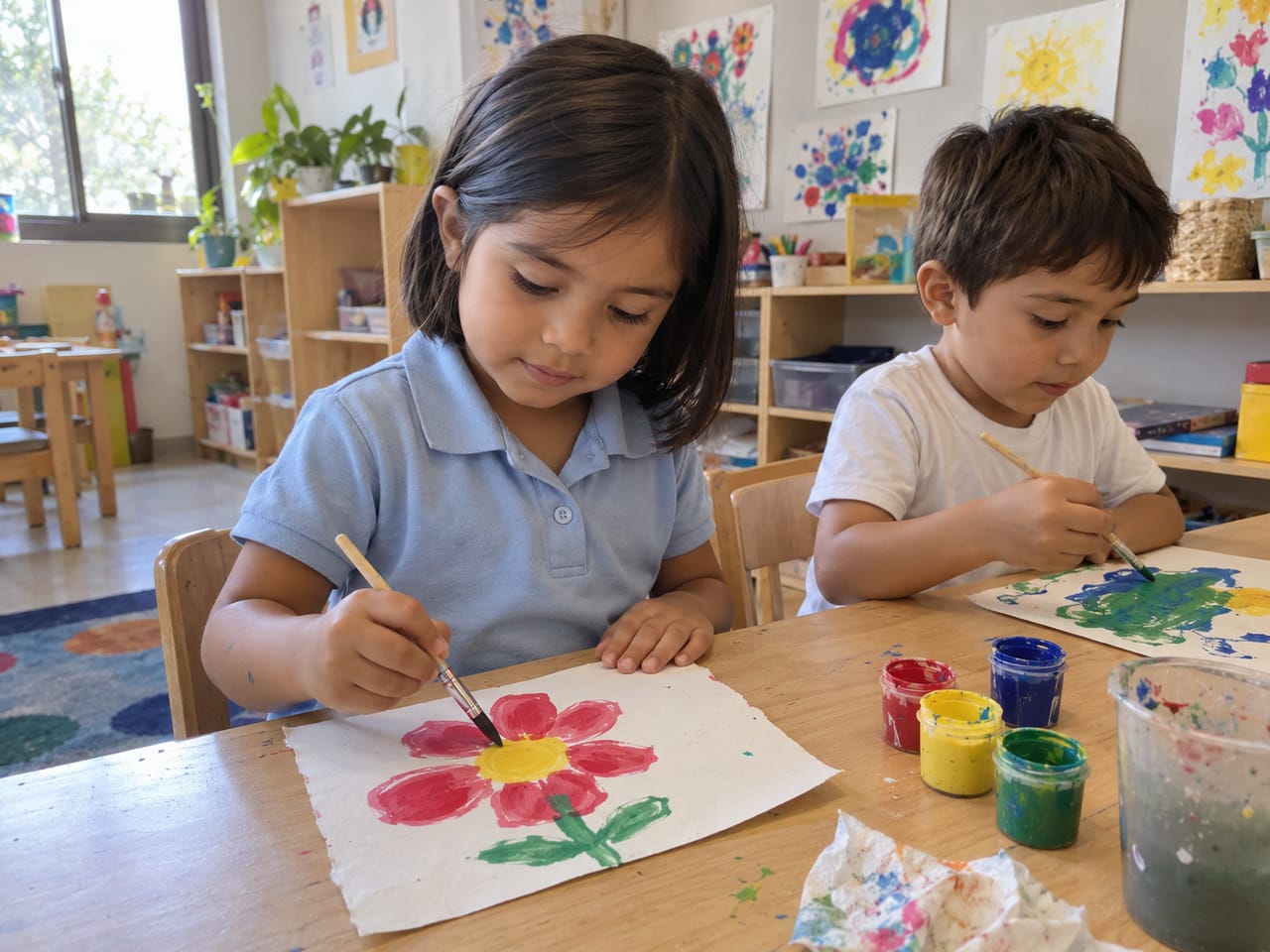 Niños de preescolar pintan con acuarelas en el taller de arte