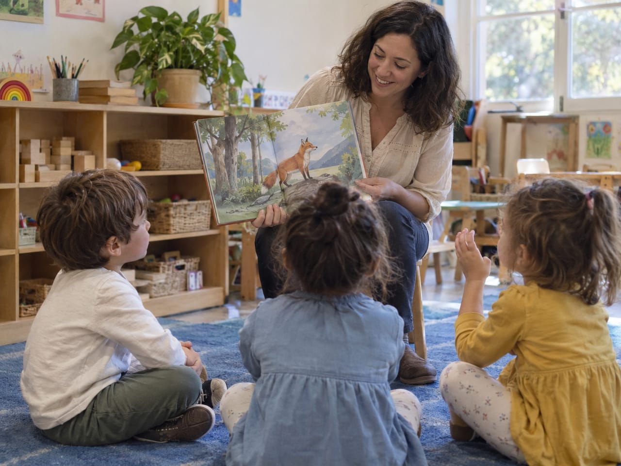Una maestra lee un cuento a su grupo de preescolar